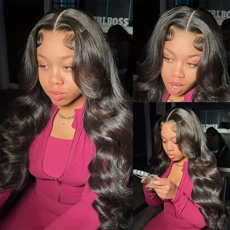 Black synthetic ladies wig with big wave texture on a stand, showing lace front.
