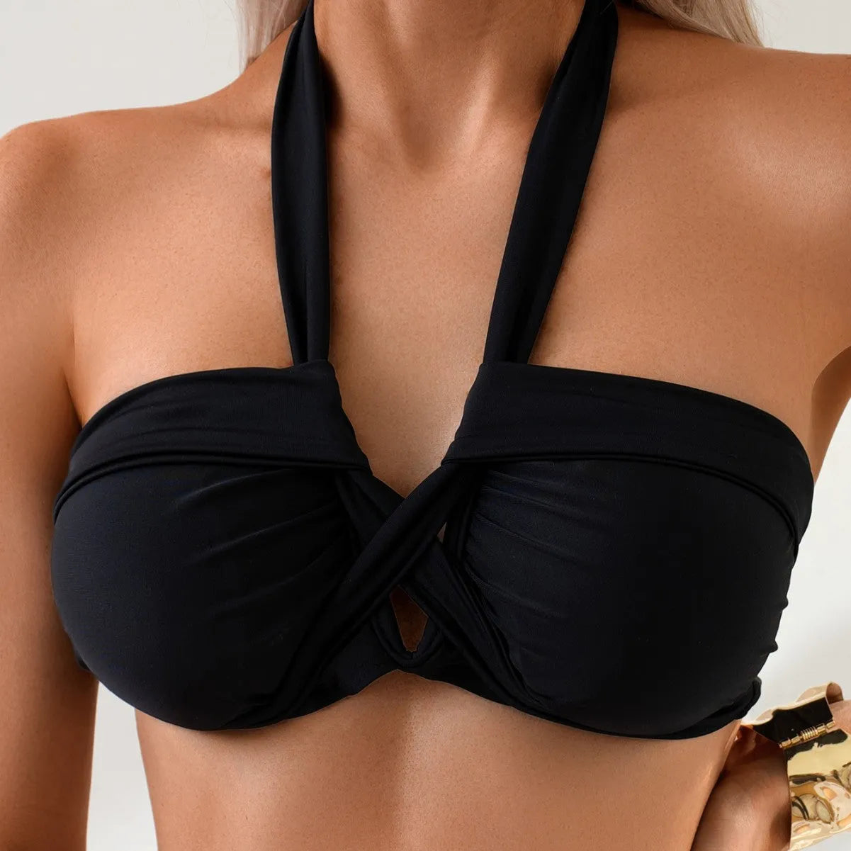 Black women's polyester swimming bikini briefs with backless European/American style design
