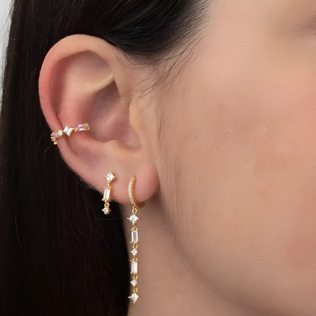 Geometric U-shaped alloy ear clips with micro-inlaid colourful zircon beads and dot, ring, line patterns