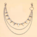 Silver alloy trousers chain with double layer design and rivet detailing, shown against dark fabric