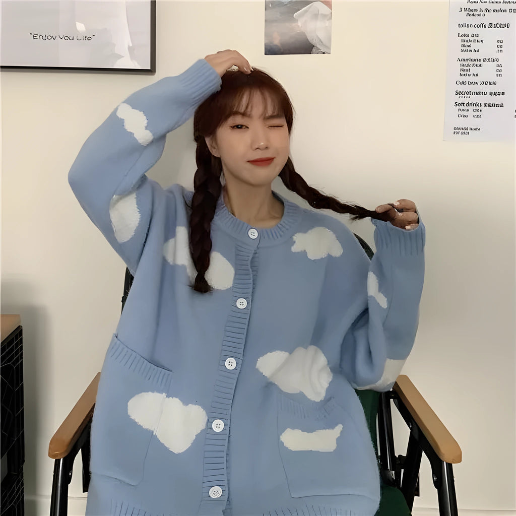 Women's blue cloud pattern spandex cardigan sweater coat with loose fit design