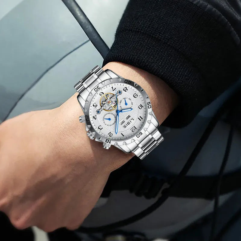 Men's silver automatic perpetual calendar mechanical watch with stainless steel strap and sapphire crystal glass