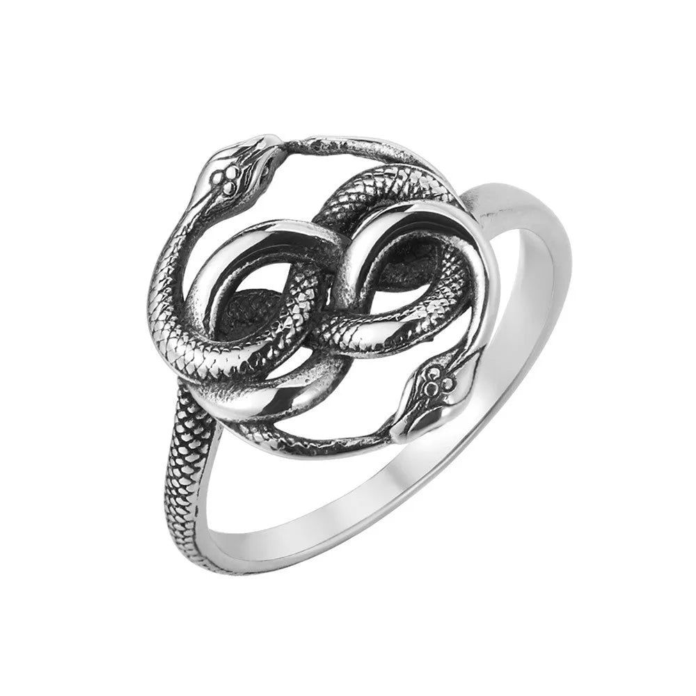 A titanium steel double snake ring in a steel colour on a neutral background.