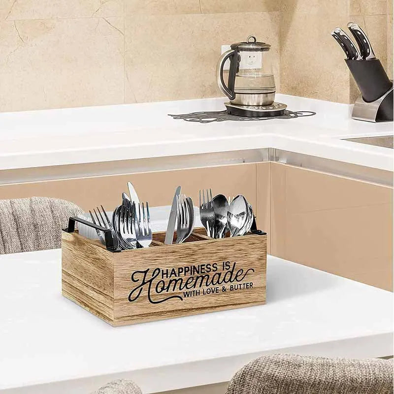 Wooden kitchen storage box with grid dividers for cutlery organisation measuring 23x16.8x10cm