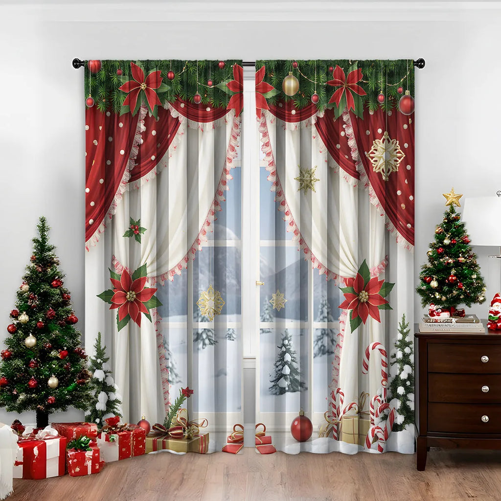 Pair of red and green 3D digitally printed Christmas curtains with festive patterns hanging on a window.