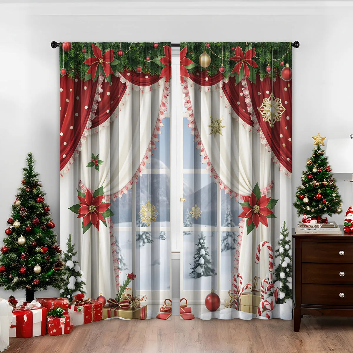 Pair of red and green 3D digitally printed Christmas curtains with festive patterns hanging on a window.
