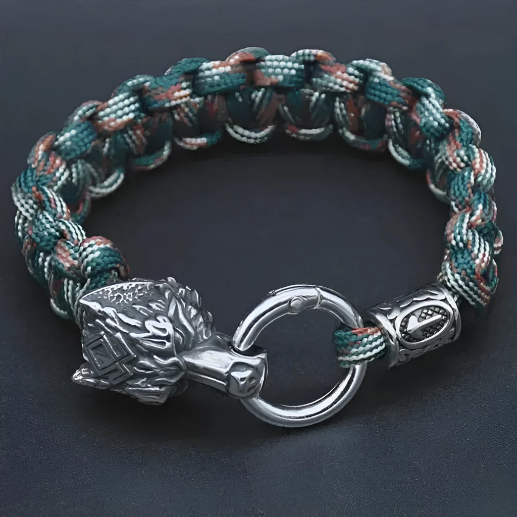 Handmade titanium steel wolf head bracelet in camouflage colour showing polished finish and retro design