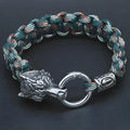 Handmade titanium steel wolf head bracelet in camouflage colour showing polished finish and retro design
