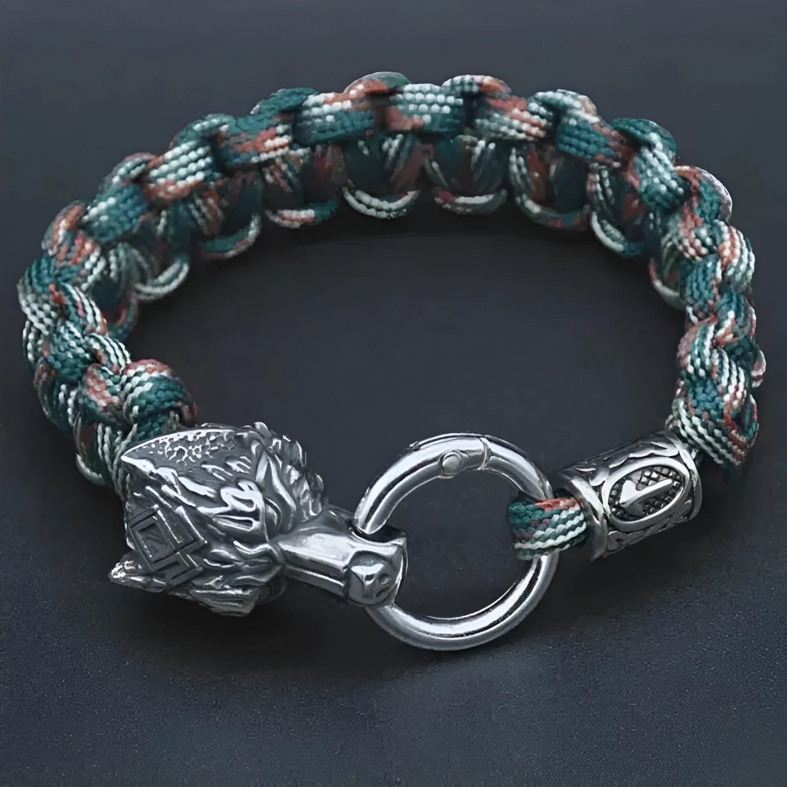 Handmade titanium steel wolf head bracelet in camouflage colour showing polished finish and retro design