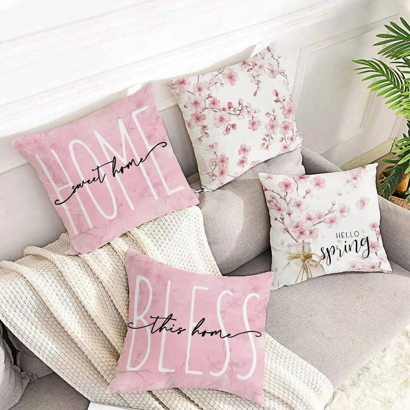 Short velvet cushion cover with spring cherry blossom and letter design, 45x45cm.
