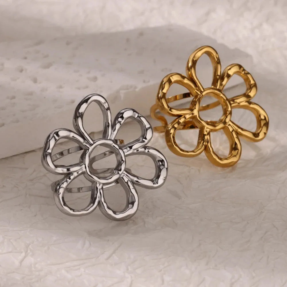 Stainless steel open mouth hollow flower ring for women in gold finish, JZ7020 series