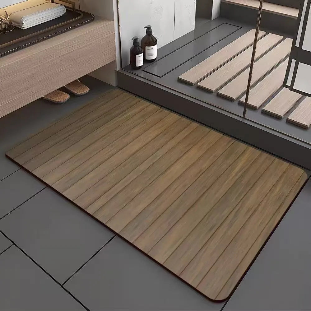 Square diatom ooze bathroom floor mat with wood grain geometric pattern on a tiled floor.