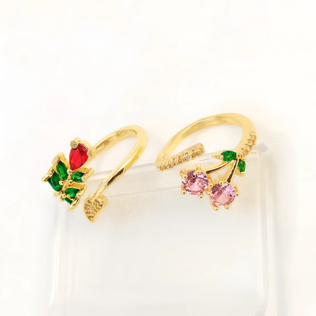 Women's copper geometric leaf open mouth ring with gold zircon plating and micro inlaid detailing