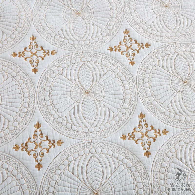 Double-thick pure cotton embroidered bedspread set with pillowcases for a 1.8 metre bed.