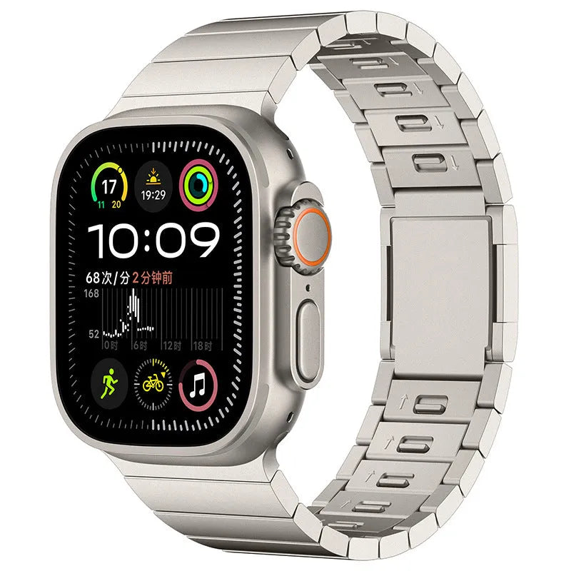 Stainless steel magnetic buckle watch strap for Apple Watch in silver colour on grey background