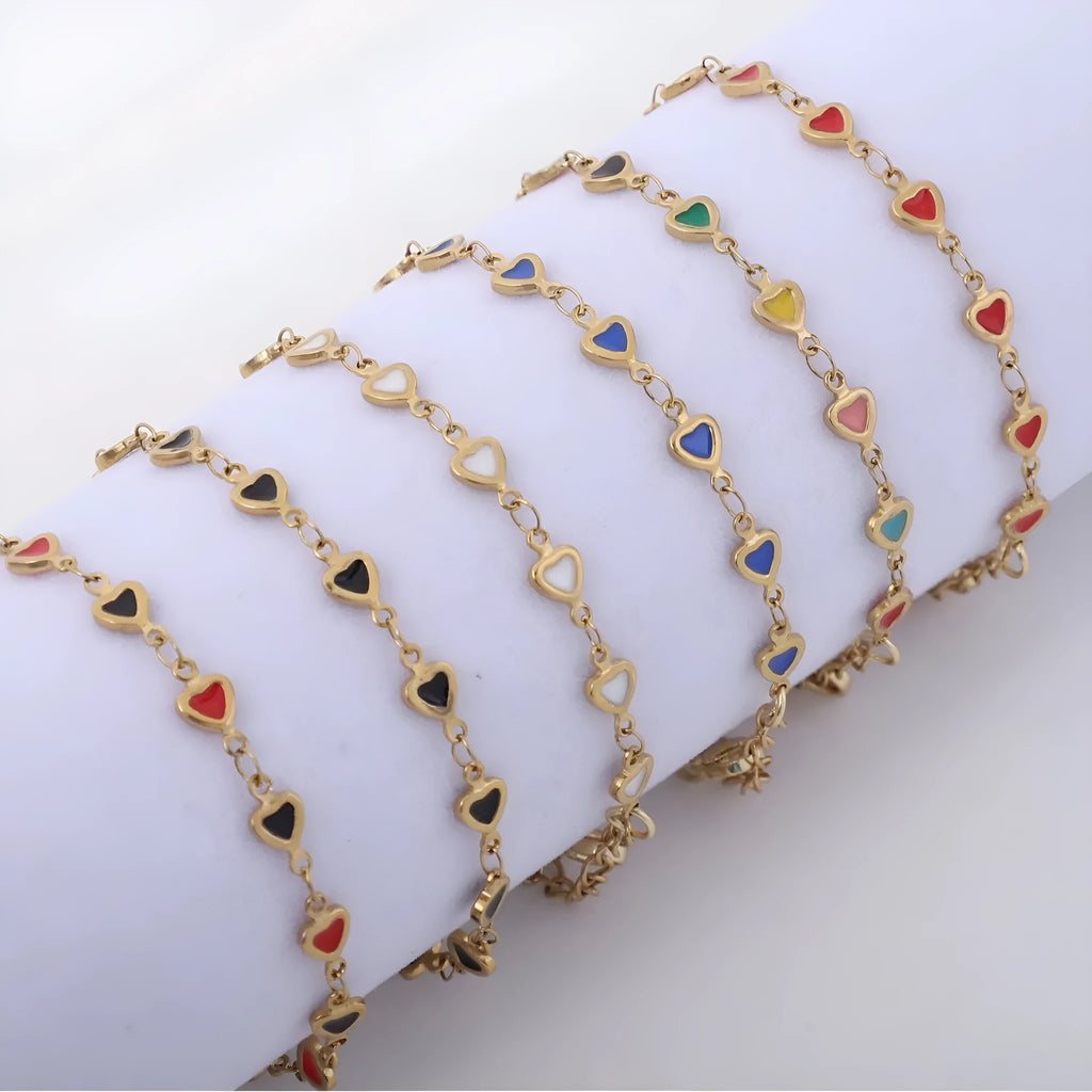 Stainless steel adjustable heart bracelet with 18K gold vacuum plating in multiple colour choices.