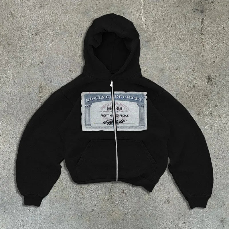 Unisex black zip-up hoodie with letter print design and zippered pockets