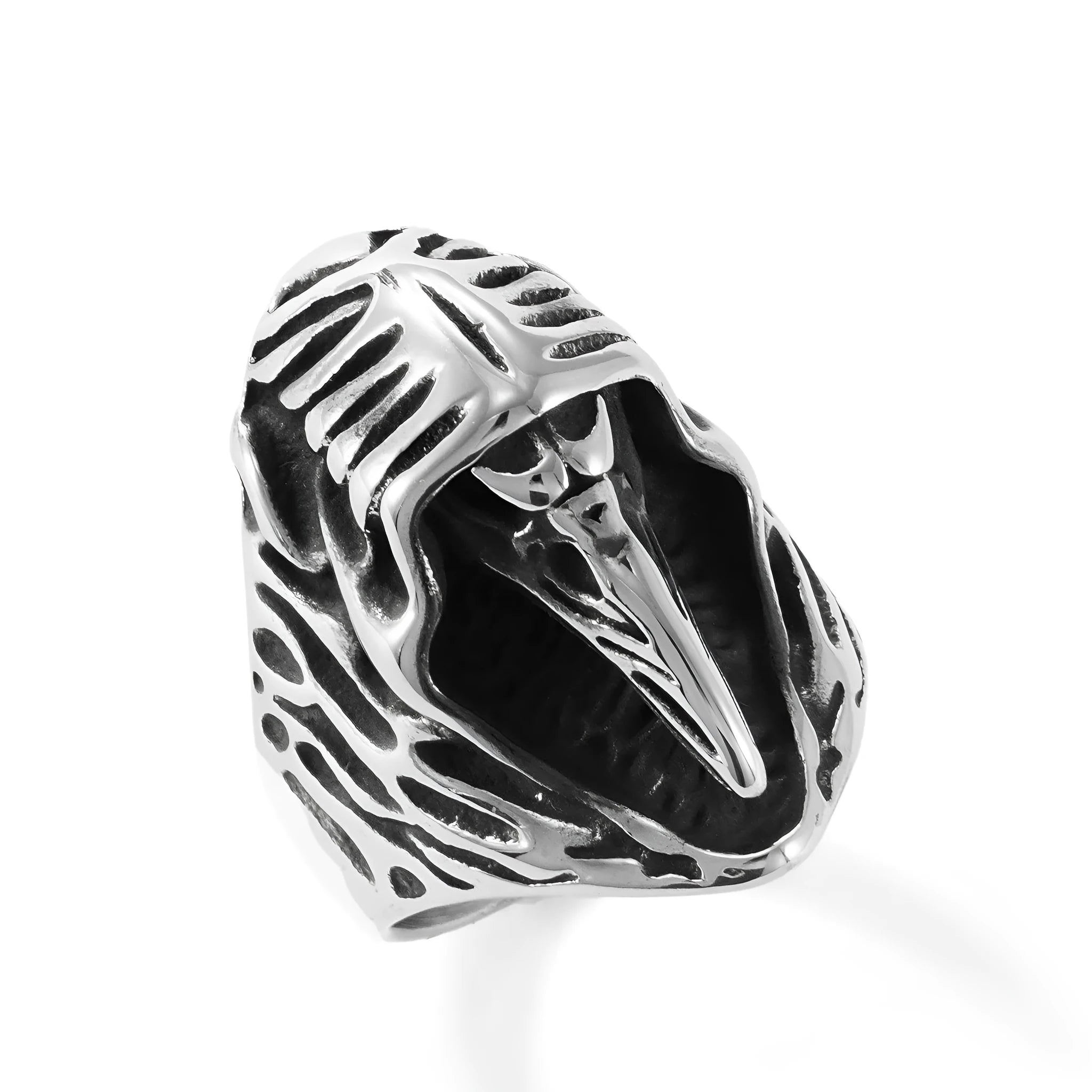 Stainless steel crow skull ring with geometric animal motif in MR166 colour