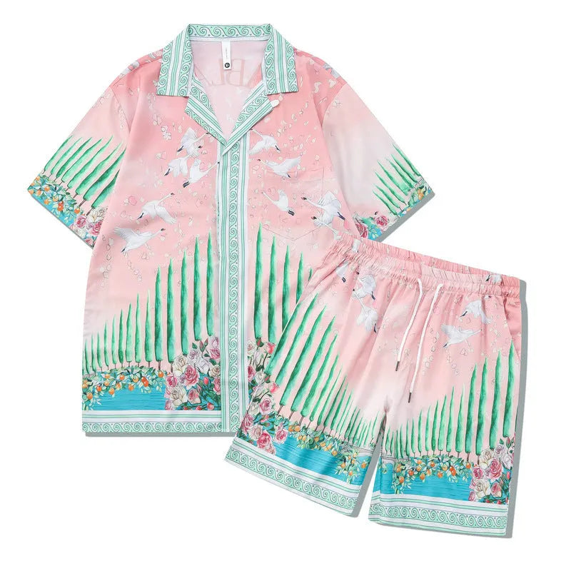 Men's plaid print polyester beach outfit consisting of a short-sleeve shirt and matching trousers.