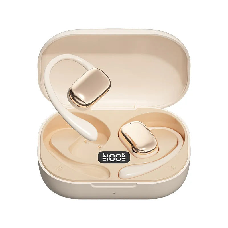Ear-mounted headphones with digital display screen in black, skin colour, or white options