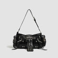 Black retro dumpling-shaped women's handbag with oil wax leather finish and external pockets