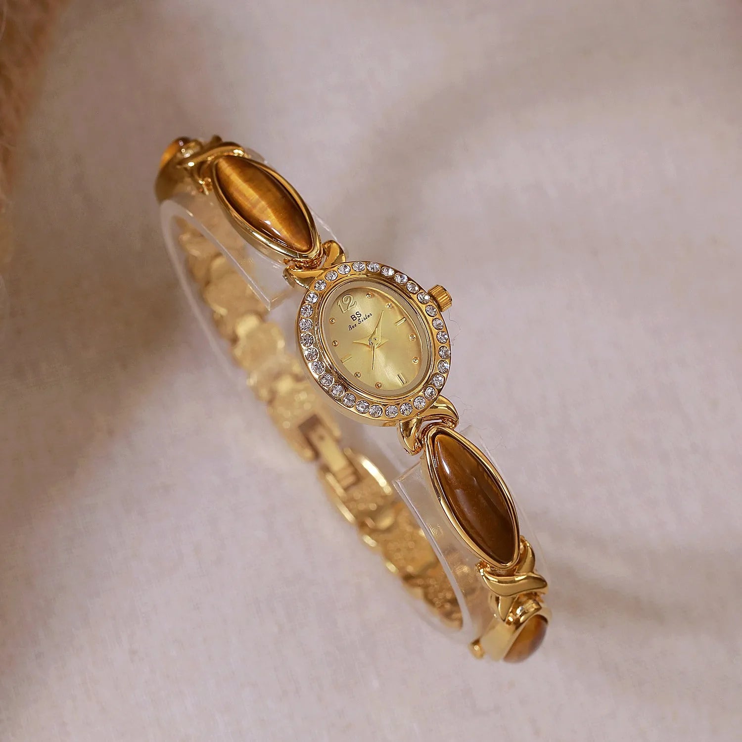 Tigereye Maillard chain watch for women, 7mm alloy, Tiger Eye Champagne Gold colour
