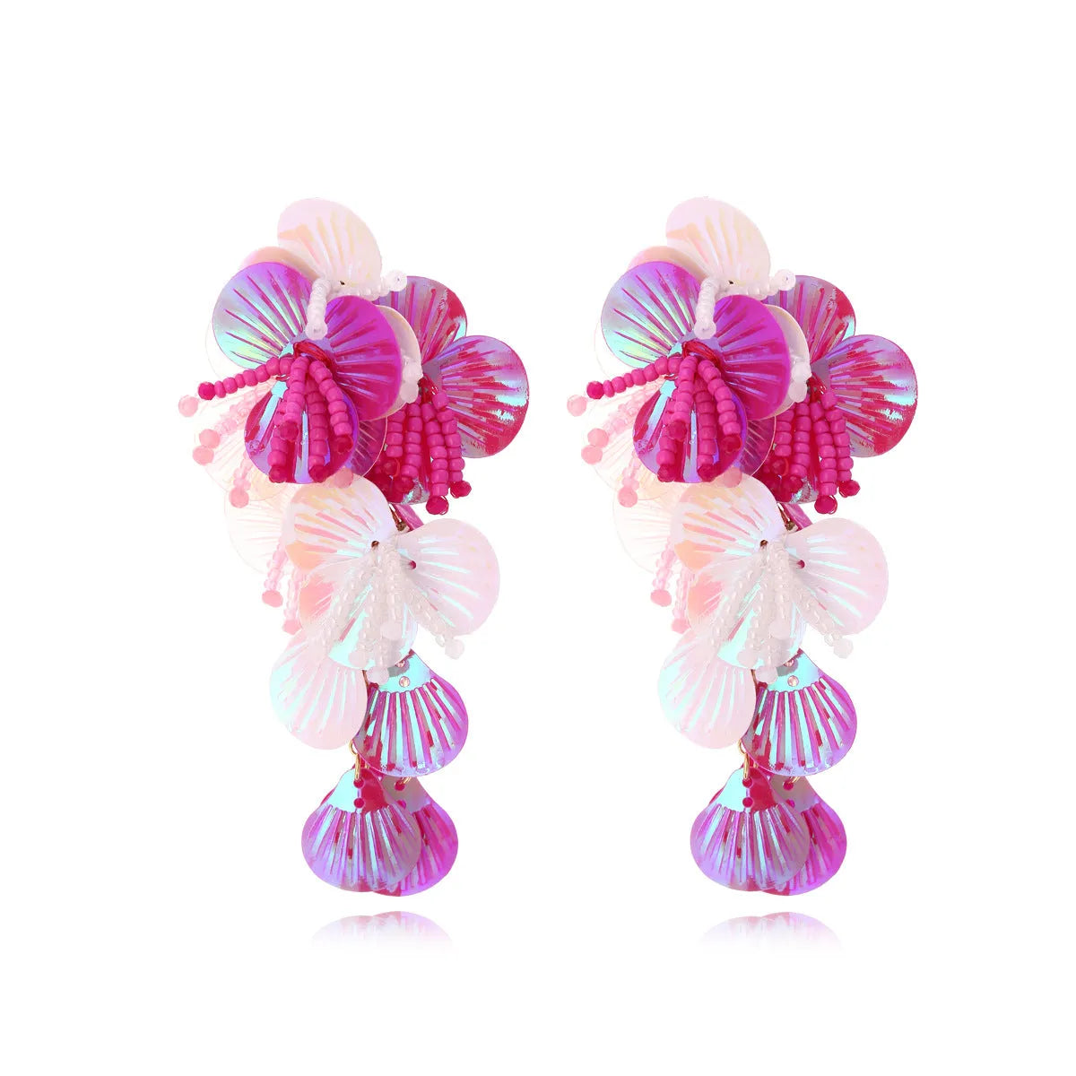 Handmade string bead flower earrings with exaggerated floral design in colourful, rose, or purple options