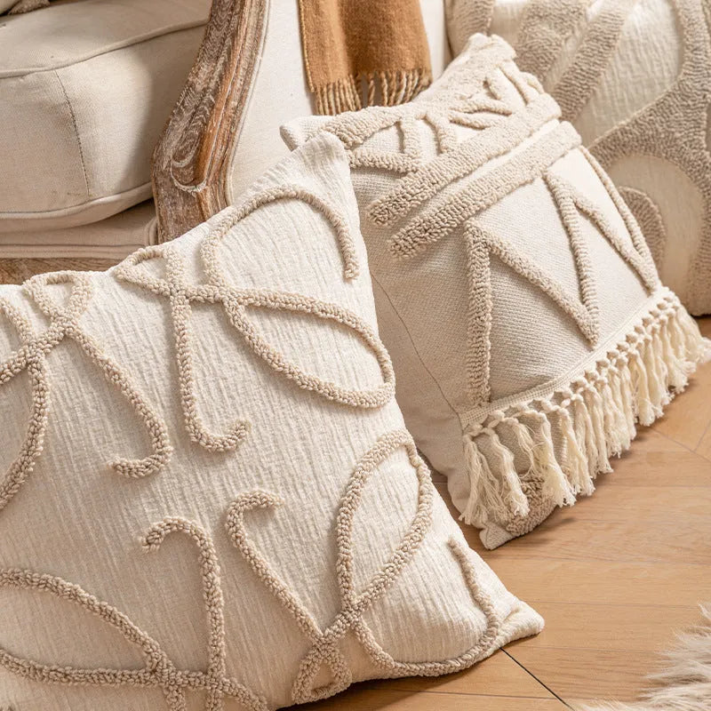 Knitted tassel decorative pillow cover showing striped pattern with multiple design options