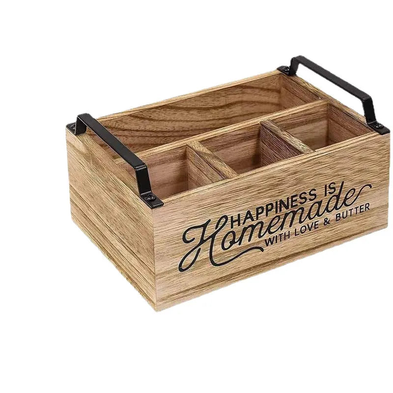 Wooden kitchen storage box with grid dividers for cutlery organisation measuring 23x16.8x10cm