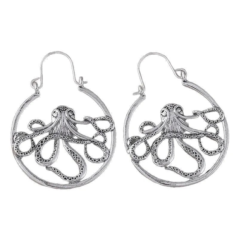 Vintage alloy octopus earrings with antique silver finish and animal zodiac modelling