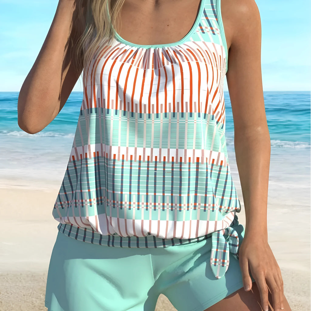 Women's blue striped swimsuit bikini set in sky blue with colour split design