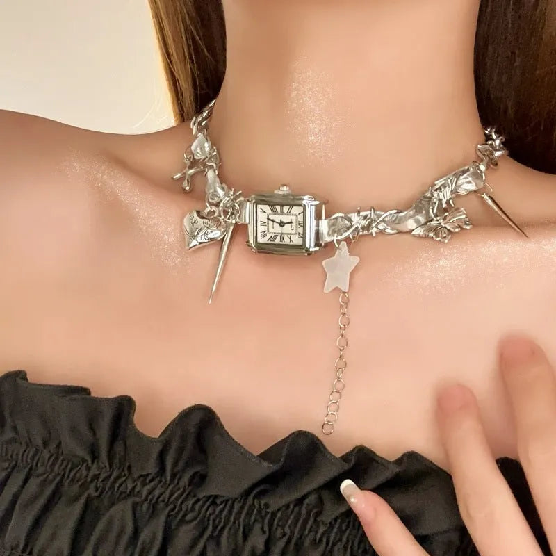 Dark multi-layer cross necklace for women with twin chains and an adjustable 41-50cm length.