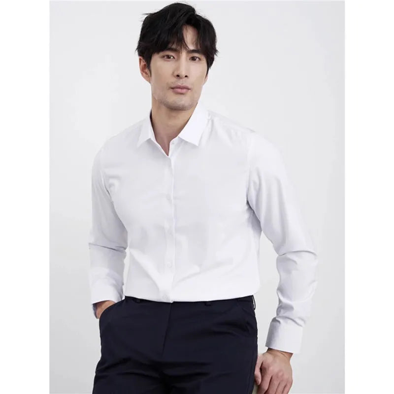 Men's wine red slim fit business casual shirt with non-iron polyester fabric on hanger
