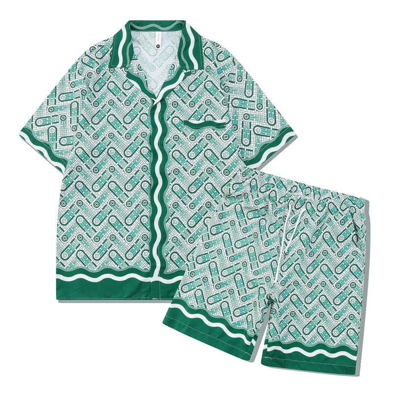 Men's beach outfit set with plaid print short sleeve shirt and matching pants