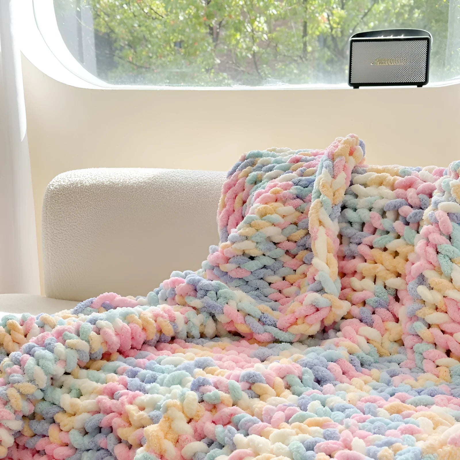 Chenille cover blanket with striped hand-dyed pattern in colour options including caramel mango.
