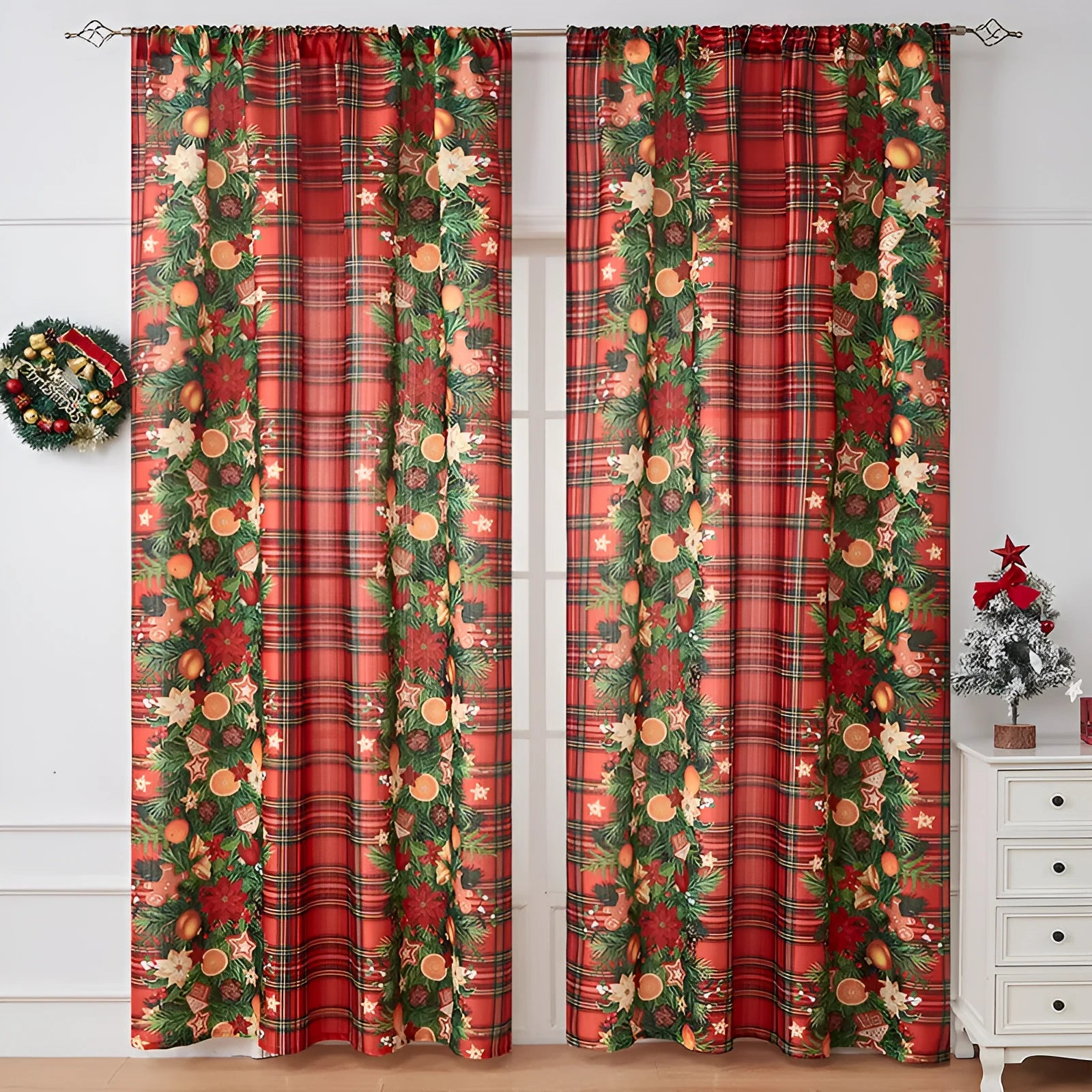 American-style rectangular polyester curtain with printed red Christmas plaid design, semi-sunshade function.