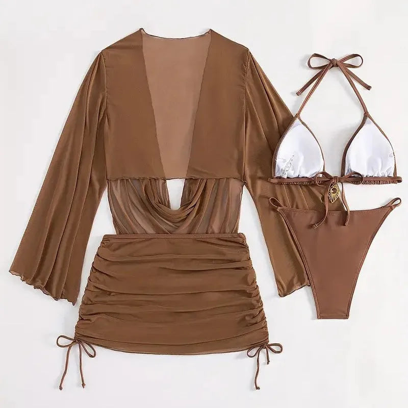 Dark brown women's lace-up bikini swimsuit with backless design on a mannequin.