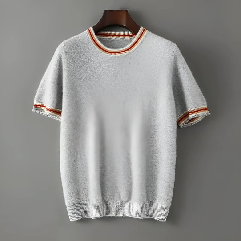 Men's short sleeve round neck pure wool sweater in black, grey, or white.