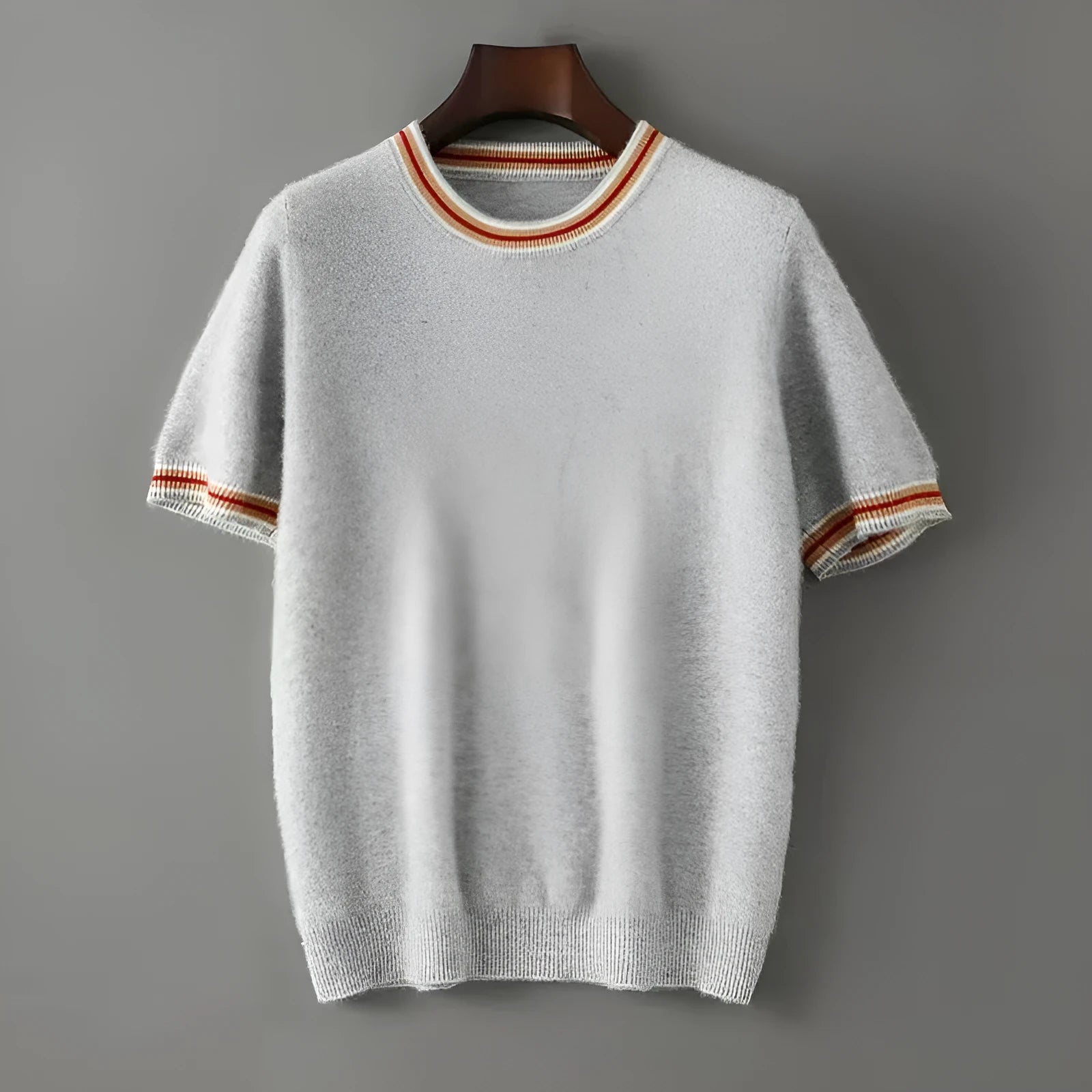 Men's short sleeve round neck pure wool sweater in black, grey, or white.