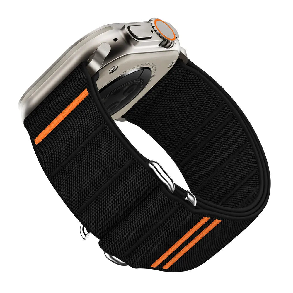 Elastic nylon watchband with stainless steel buckle for Apple Watch, shown in multiple colour options.