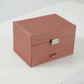 Hard black PU leather jewellery storage box with organised compartments for rings and necklaces.