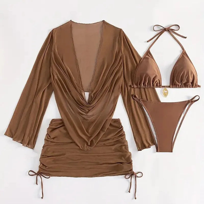Dark brown women's lace-up bikini swimsuit with backless design on a mannequin.