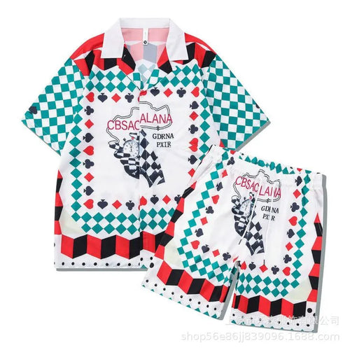 Men's plaid print polyester beach outfit consisting of a short-sleeve shirt and matching trousers.