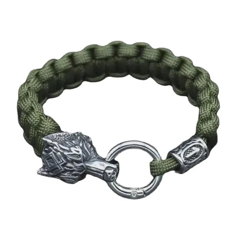 Handmade titanium steel wolf head bracelet in camouflage colour showing polished finish and retro design