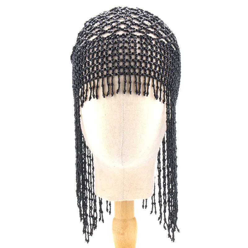 Handmade alloy belly dance hat with decorative mesh and long tassels