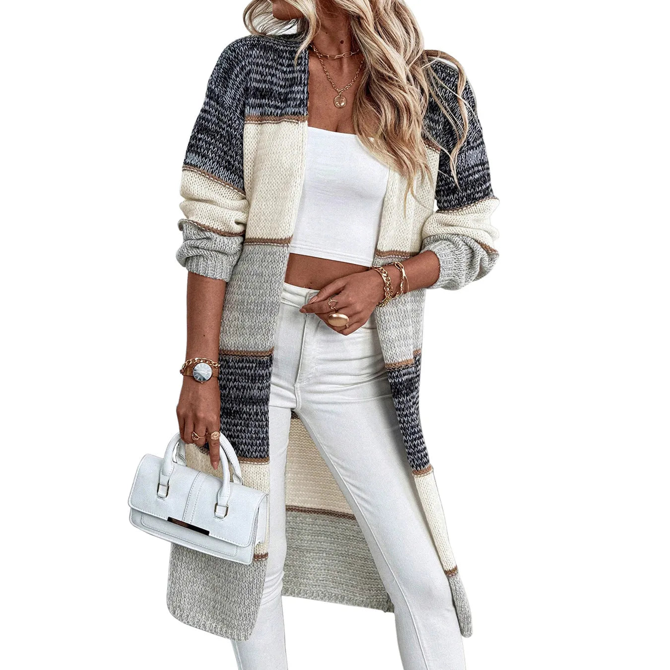 Grey women's long knitted cardigan with loose fit and long sleeves, shown in stripe or plaid pattern.