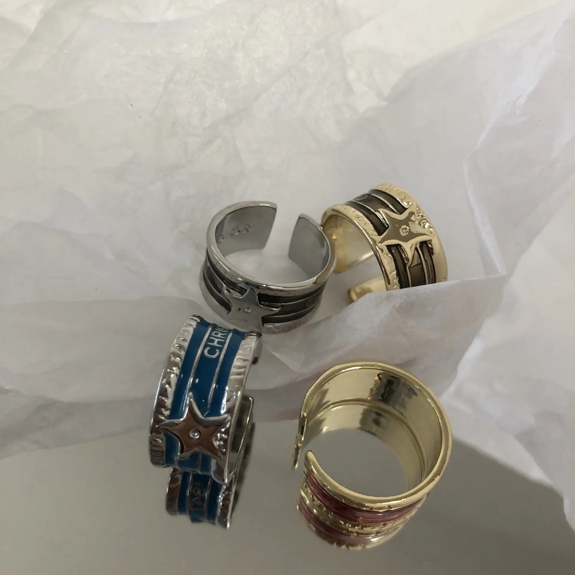 Adjustable copper ring with a retro distressed XINGX drop oil geometric design in multiple colours