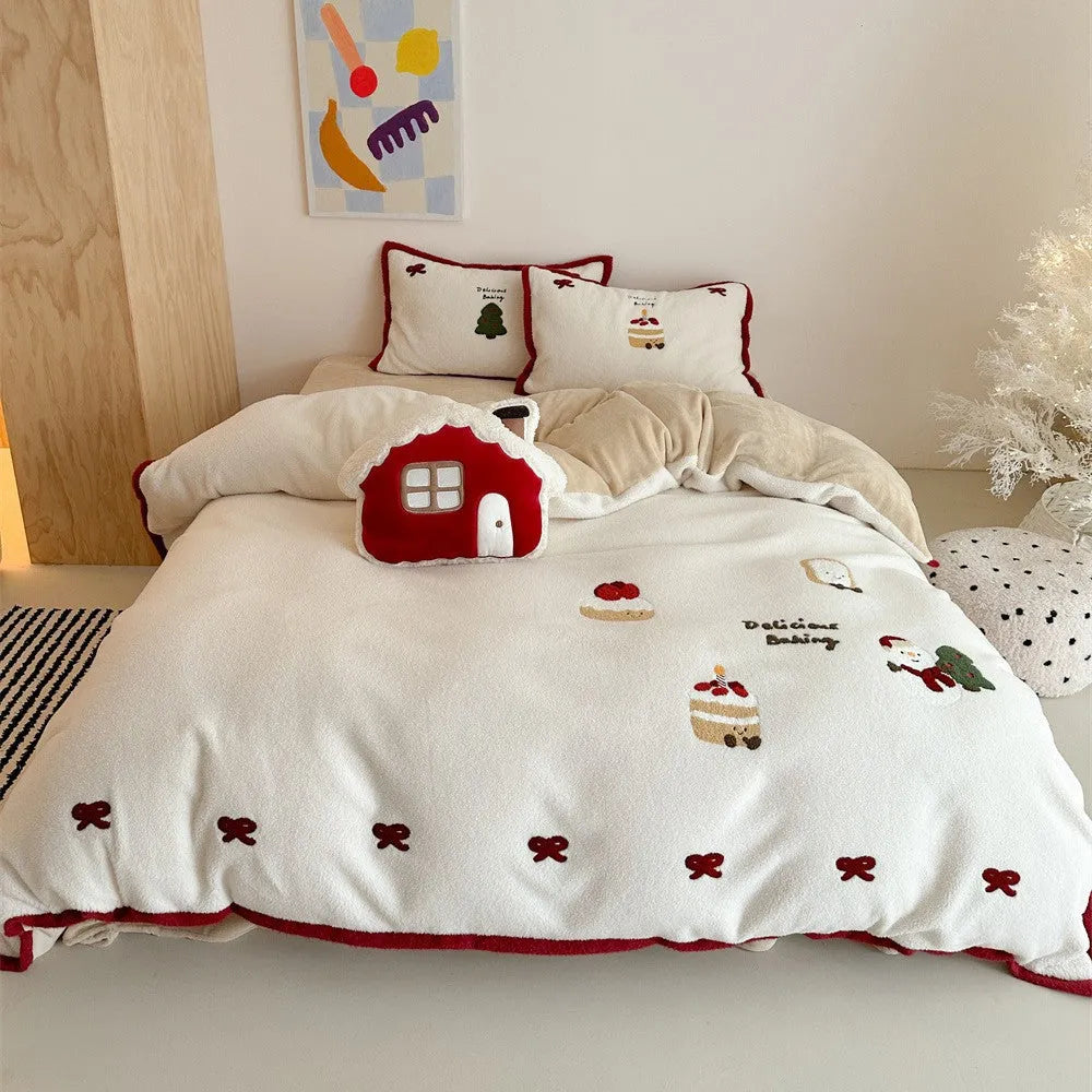 Christmas cartoon bedding four-piece set with xuefu milk pastry pattern on thickened polyester fabric