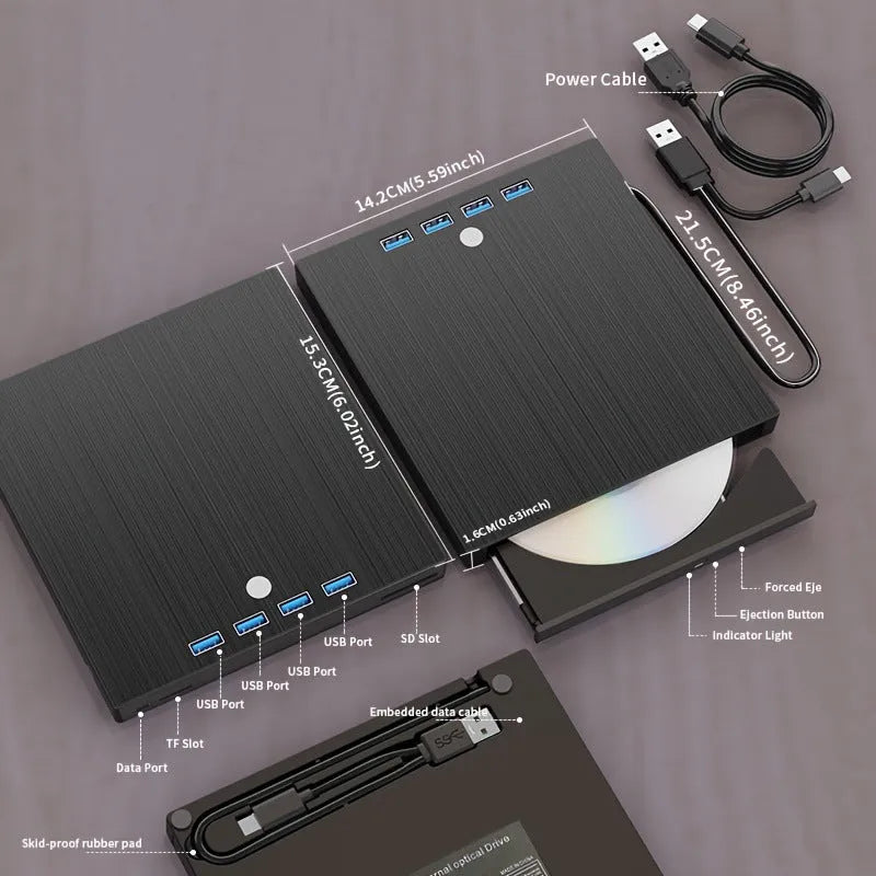 Black external DVD burner with USB and TYPE-C cables, tray loading drive on a desk