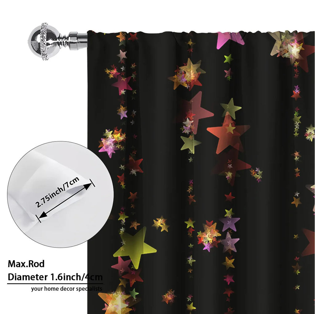 Pair of red and green 3D digitally printed Christmas curtains with festive patterns hanging on a window.